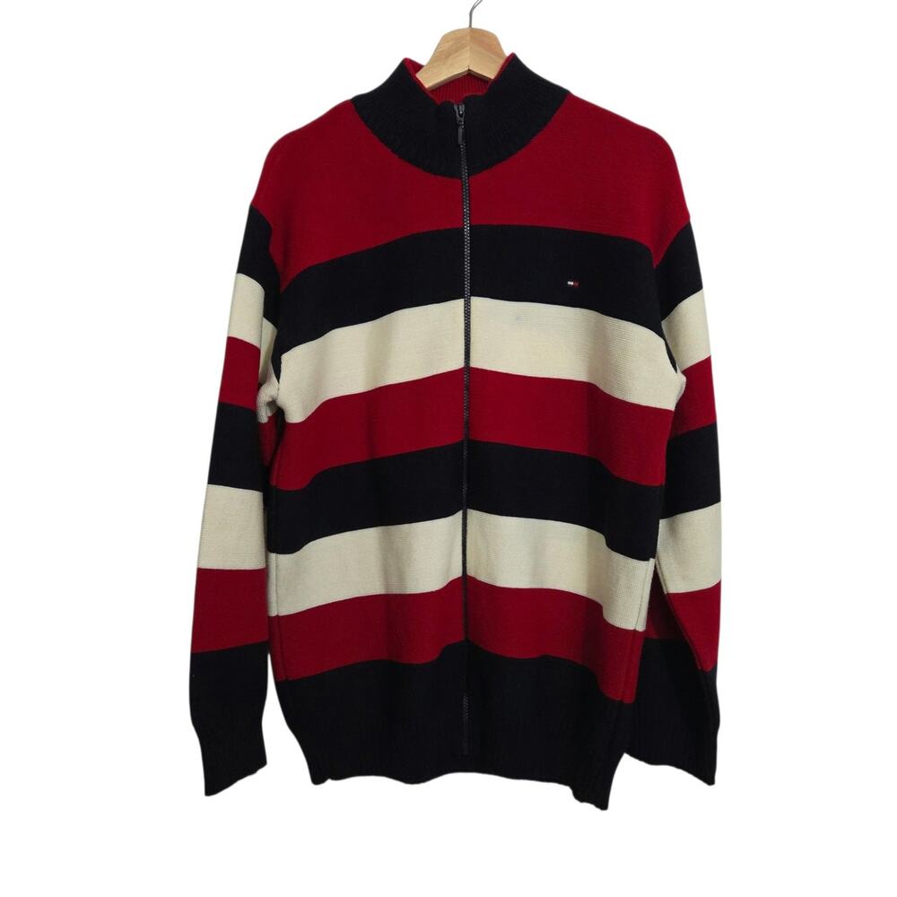 Vintage 90s Tommy Hilfiger Heavyweight Wool Blend Zip Up Cardigan Sweater LARGE